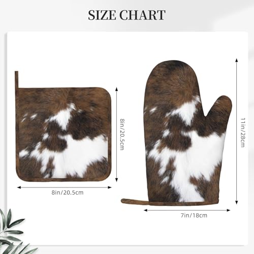 Cow Print Oven Mitts and Pot Holders Set of 4 Silicone Brown Cowhide Kitchen Mitten Gloves and Non