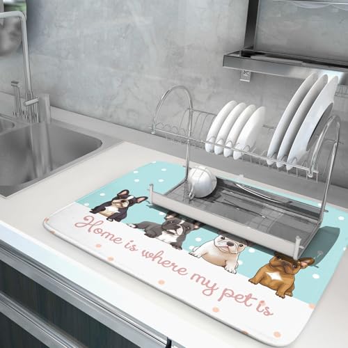 Pet Lover Dog Dish Drying Mat 18x24 Kitchen Counter Absorbent Microfiber Dishes Pad for Home Blue