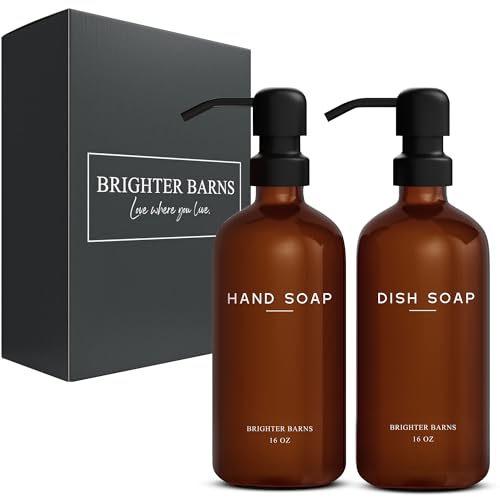 Amber Glass Hand and Dish Soap Dispenser Set by Brighter Barns (4 Count)