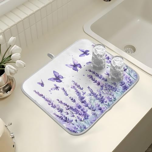 Purple Lavender Spring Summer Flower Floral Dish Drying Mat for Kitchen Counter Absorbent Microfiber Large Drying Pad Dish Mats for Kitchen Countertops 18 x 24 Inch