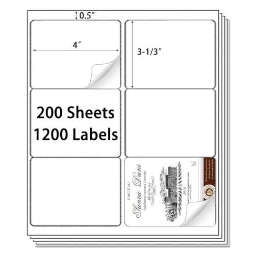 6 up 3-1/3" x 4" Sticker Labels Shipping Address Labels for Laser & Inkjet Printer, 200 Sheets, Total 1200 Labels (600 Count)