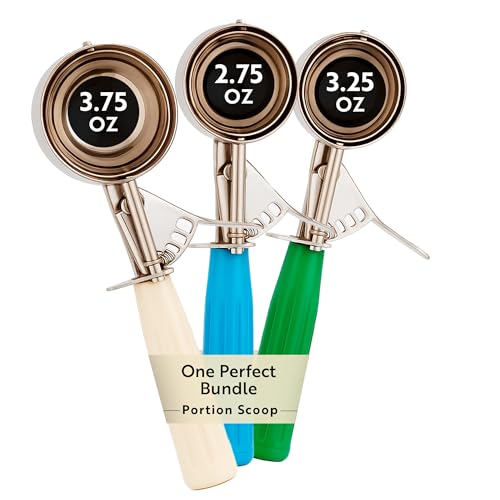 Bundle: 2.75/3.25/3.75 oz Portion Control Ice Cream Scoops, Trigger Release Dishers (Blue, Green, Ivory Handles) for Cookie Dough, Baking, Cupcake Batter