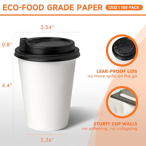 100 Pack 12 oz Disposable Coffee Cups with Lids (100 Count)