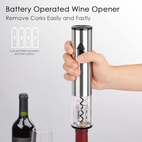 5-in-1 Electric Wine Opener Gift Set Stainless Steel Electric Wine Bottle Opener Battery Operated Corkscrew with Foil Cutter, Wine Pour, Wine Stopper and Storage Base, Silver