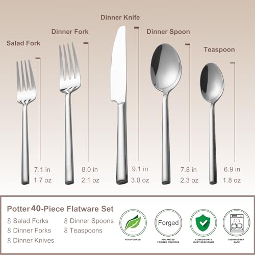 Potter 40 Piece Forged Silverware Set Stainless Steel Flatware Set Cutlery Set (10 Count)