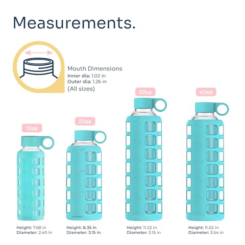 40oz / 32oz / 22oz / 12oz Borosilicate Glass Water Bottle with Time & Volume Markers, Silicone Sleeve, Stainless Steel Lid | Reusable Glass Bottle for Water & Juice (32oz Aqua Blue)
