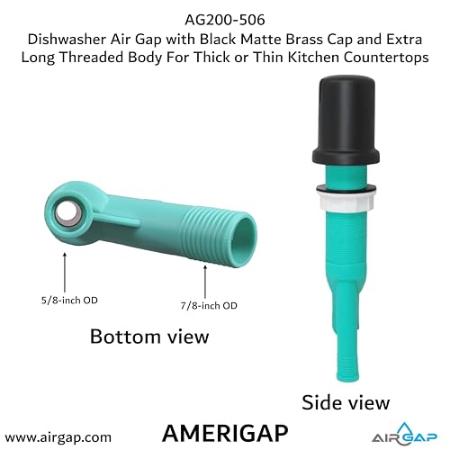 Dishwasher Air Gap with Skirted Black Matte Brass Cap and Extra Long Threaded Body for Thick or Thin Kitchen Countertops