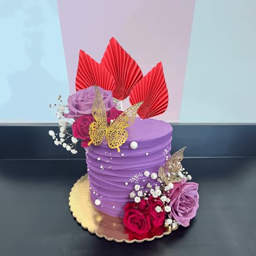6Pcs Paper Palm Fan Cake Toppers Palm Spear Leaves Fan Cupcake Toppers Cake Insert Decorations Craft DIY Cake Bakeware Decoration for Birthday Party Wedding Party Decor Supplies Red (6 Count)