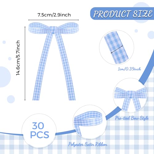 30 Pack Bow Cake Toppers Blue Gingham Ribbon Bows for Cake (30 Count)