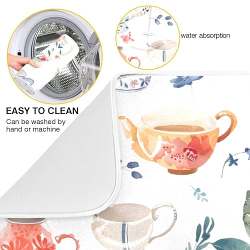 Watercolor Tea Cups Teapots Dish Drying Mat for Kitchen Counter Absorbent Microfiber Drying Pad