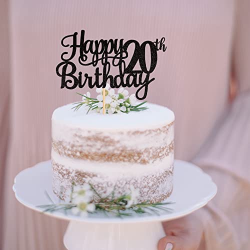 1 PCS Happy 20th Birthday Cake Topper Glitter Cheers to 20 Years Birthday Cake Pick Twenty 20 Fabulous Cake Decoration for Happy 20th Birthday Theme Party Decorations Supplies Black