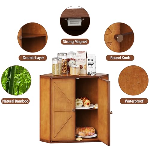 Corner Bread Box for Kitchen Counter Double Layer Bamboo Bread Storage Container Large Capacity Bread Storage Bin Farmhouse Breadbox Organizer