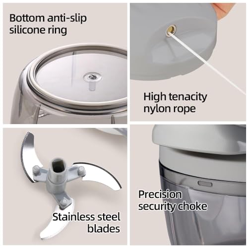 Manual Food Processor Vegetable Chopper 2.3 Cup Small Mini Hand Pull String Onion Chopper Garlic Mincer Cutter with 3 Stainless Steel Blades