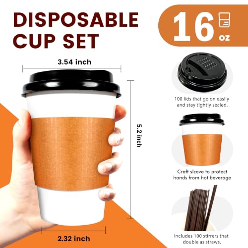 16 oz Disposable Paper Coffee Cups with Lids & Sleeves (100 Count)