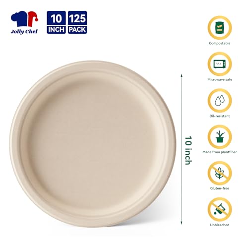 Compostable Heavy Duty Plates 𝟭𝟬 𝗜𝗻𝗰𝗵 [𝟭𝟮𝟱 𝗣𝗮𝗰𝗸] Eco (125 Count)