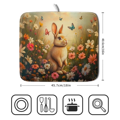 Easter Bunny Dish Drying Mat Flower Butterfly Kitchen Drainer Mat 16x18 inch Absorbent Reversible Dish Rack Pad for Counter Tabletop Decor