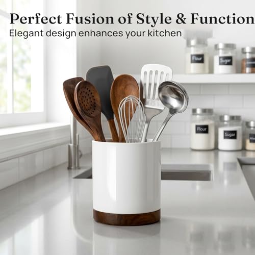 Ceramic Rotating Utensil Holder for Countertop Kitchen Organizer White