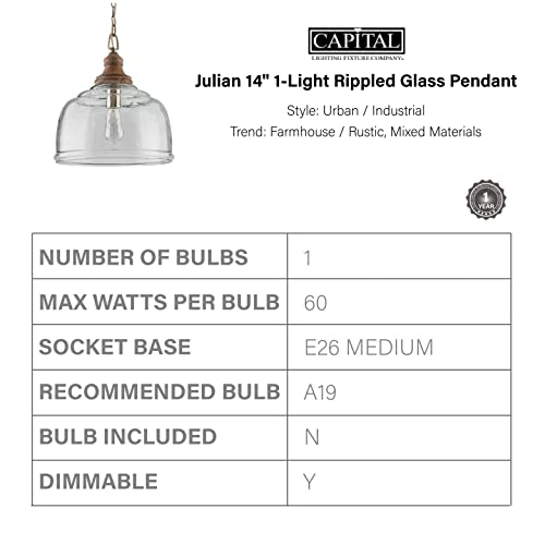 Capital Lighting 330318GY Julian Coastal Style Clear Organic Rippled Glass Pendant with Handcrafted Mango Wood Finial
