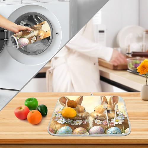 Cute Rabbit Bunny Easter Eggs Dish Drying Mat for Kitchen Counter Absorbent Microfiber Large Drying Pad Dish Mats for Kitchen Countertops 18 x 24 Inch