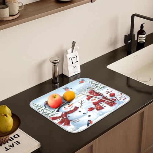 Winter Christmas Snowman Dish Drying Mat for Kitchen Counter Absorbent Microfiber Small Drying Pad Dish Mats Snowflakes for Kitchen Countertops 16 x 18 Inch