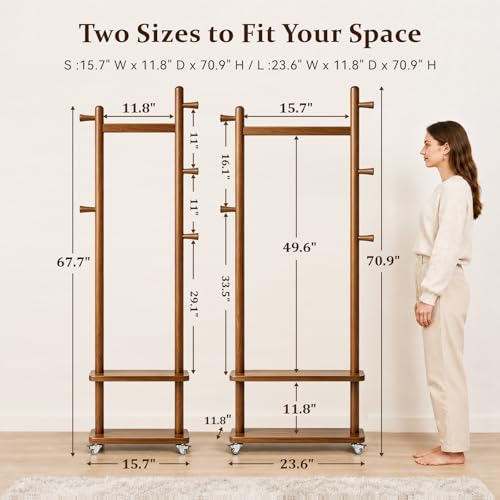 Coat Rack Freestanding Solid Wood Clothes Rack with Wheels