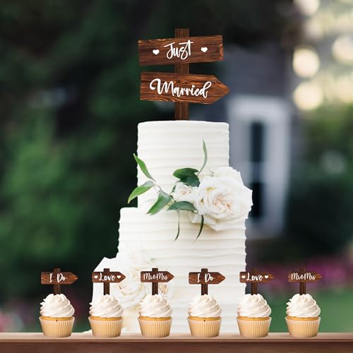 Rustic Wedding Cake Decoration Set Just Married Cake Topper & 12 PCS Wedding Cupcake Toppers in Wood