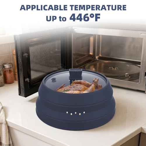 Tall Microwave Splatter Cover Glass Cover Guard Lid 6 inch Height with Collapsible Silicone for Food Pot Plate 12.5 inch Dark Blue