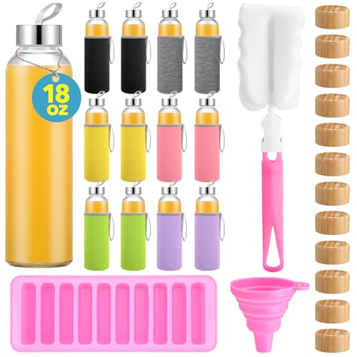 12 Pcs 18 oz Glass Water Bottles Glass Juice Bottles with Protection Sleeves (12 Count)