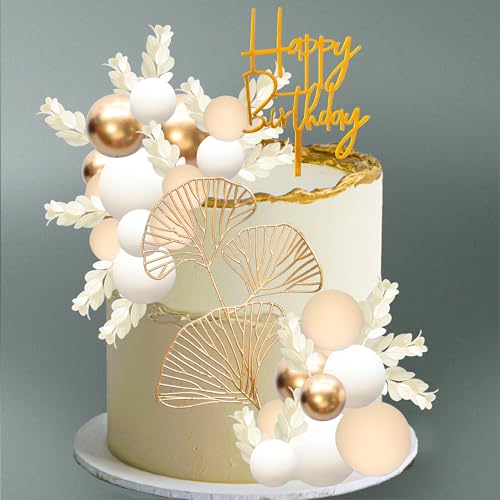 57Pcs Khaki Balls Cake Topper Boho Grass Cake topper Pearl Balls Acrylic Happy Birthday Cake Decorations for Wedding Baby Shower Birthday Boho Themed Party Supplies Khaki White Gold (57 Count)