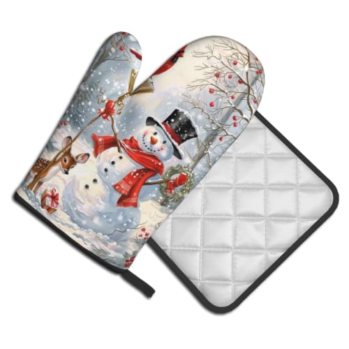 Winter Snowman Oven Mitts and Pot Holder Set of 2 Red Bird Berry Decorative Oven Gloves Heat Resistant Kitchen Hot Pads for Baking Cooking