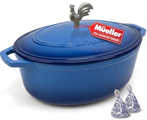 MUELLER HOME 5.5 Quart Enameled Cast Iron Oval Dutch Oven w Rooster Knob & Cotton Potholders