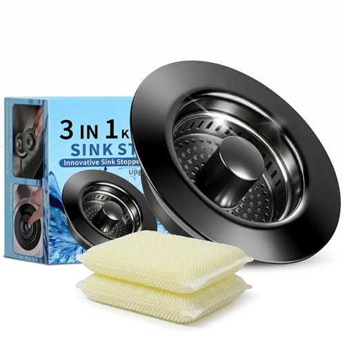 3-in-1 Kitchen Sink Drain Strainer & All-Purpose Sponges, 304 Stainless Steel Sink Stopper Pop-Up Drain Plug with Anti-Clogging Food Catcher Basket, Odor Blocker, Fits US Standard 3-1/2 Inch Sinks