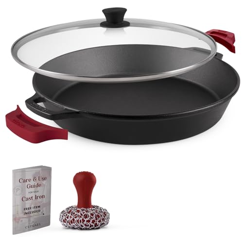 Cast Iron Skillet + Glass Lid + Red Chainmail Scrubber