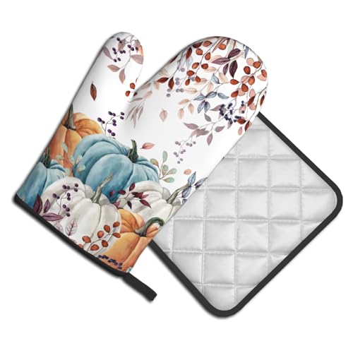 Fall Orange Pumpkin Oven Mitt Potholders Sets Eucalyptus Leaves Heat Resistant Oven Glove Set of 2 Kitchen Hot Pads for Cooking Baking BBQ