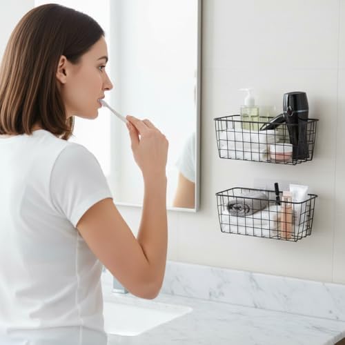 3 Set LeleCAT Adhesive Over the Cabinet Door Wire Baskets for Organizing for Kitchen Food Pantry Bathroom Shelf Storage No Drilling Wall Mounted (3 Count)