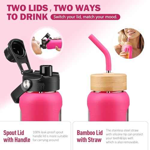 24 oz Glass Water Bottle with Straw and 2 Lids