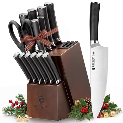 15PCS Kitchen Knife Set with Block and Dual Sharpener (15 Count)