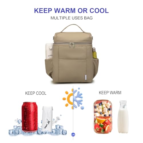 NOL Insulated Lunch Bags for Women Cooler Bag Lightweight Nylon Waterproof Lunch Box for Work Khaki Large 12L