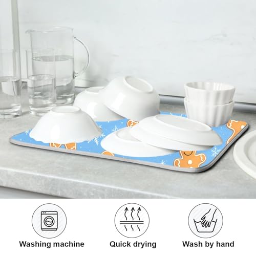 Snowflake Gingerbread Cookie Blue Dish Drying Mat for Kitchen Counter Absorbent Microfiber Drying Pad