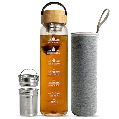 32 oz Motivational Glass Water Bottles with Bamboo Lid Straw and Time Marker