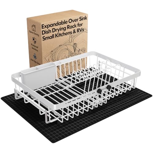 White Expandable Dish Drying Rack Over Sink with Extra Drying Mat
