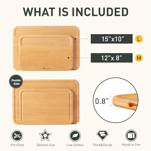 2 Packs Natural Wood Cutting Board Set Non Toxic Bamboo Cutting Boards with Juice Groove Wooden Chopping Board Ideal Charcuterie for Meat Fruit Vegetables Cheese Hardwood Kitchen Counter Kit (2 Count)