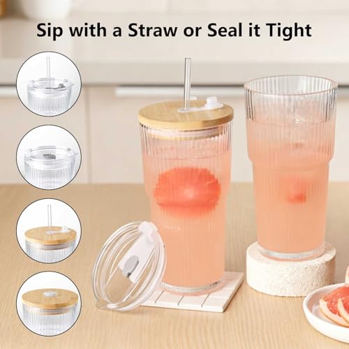 Ribbed 2pack 20oz Glass Cups with Bamboo & Plastic Lids and Straws (2 Count)