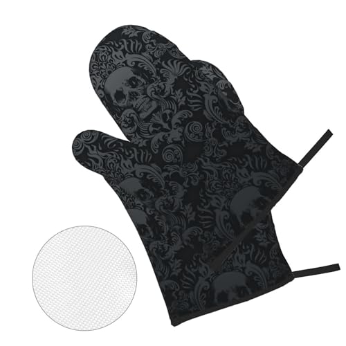 Victorian Gothic Black Skull Damask Oven Mitts and Pot Holders Sets of 4