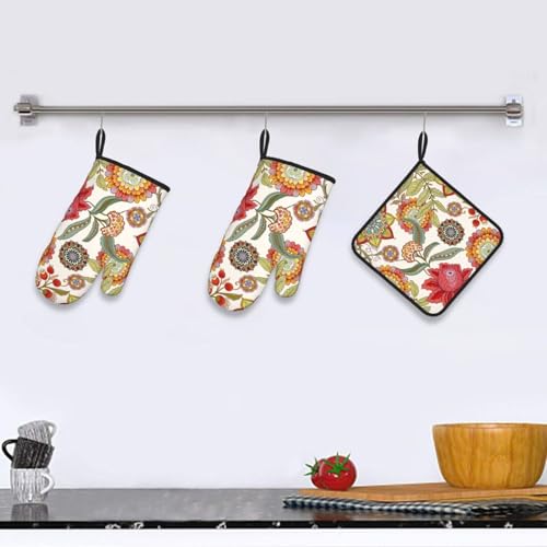 Boho Floral Oven Mitts and Pot Holders Sets of 3 Colorful Flower (3 Count)