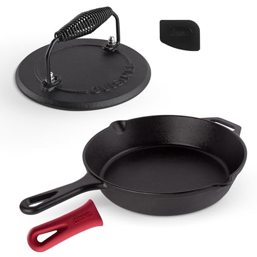 Cast Iron Skillet + Grill Press + Scraper Set