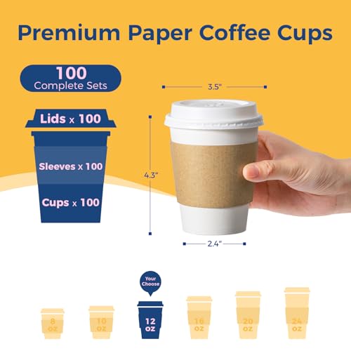 100 Pack 12 oz Disposable Coffee Cups with Lids (100 Count)