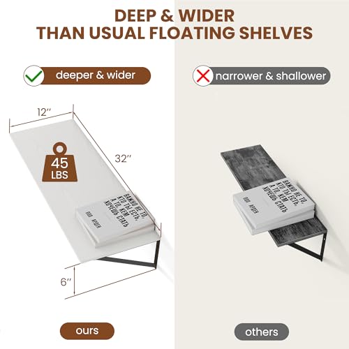 32W x 12D Deep Floating Shelves Set of 2 White (2 Count)