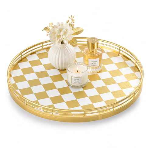12 Inch Gold and White Checkerboard Lazy Susan with Metal Rail