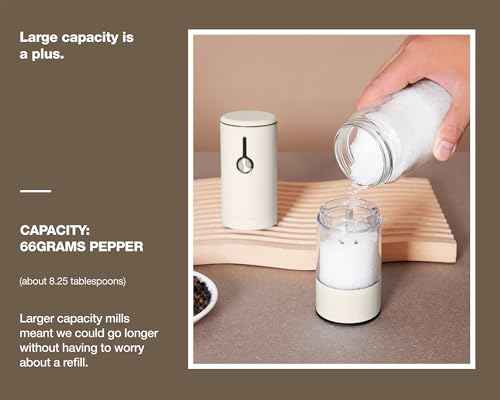 Electric Salt and Pepper Grinder Set Stainless Steel 2 Pack USB Rechargeable LED One Hand Off White (2 Count)